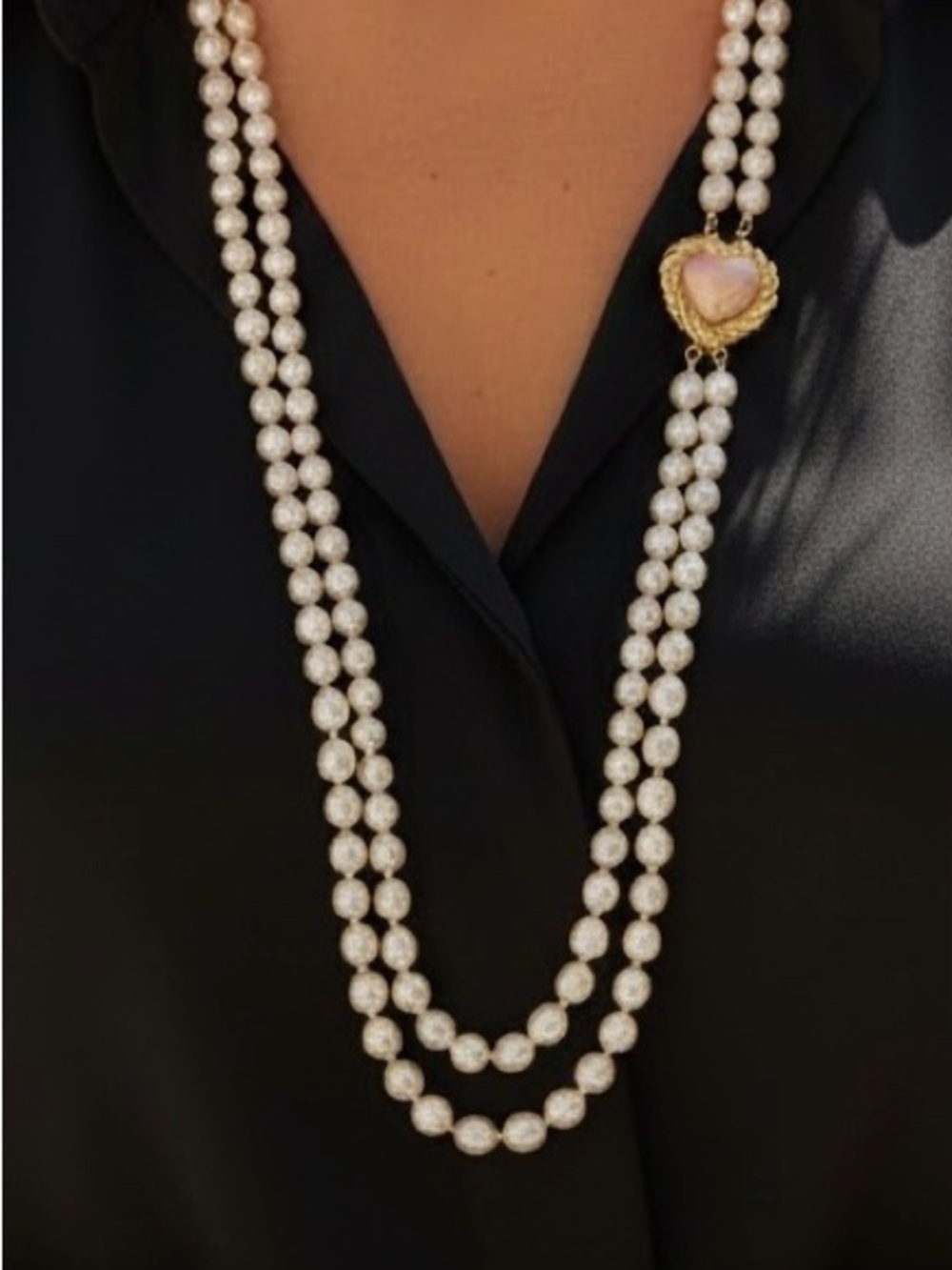 Joan Rivers signature White Pearls with heart shaped clasp double strand